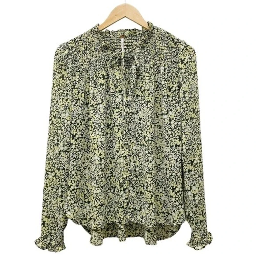 Free People Lela Blouse Floral Black & Green Flowy Boho Tie Neck Top Size Medium